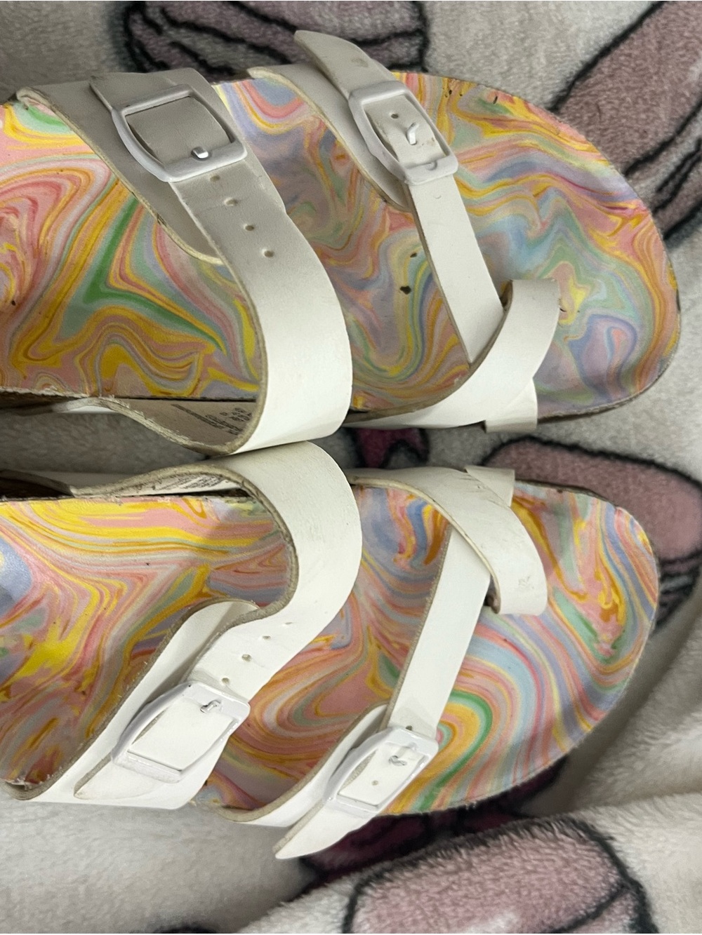 & Other Stories White Buckle Sandals with Pastel Swirl Footbed